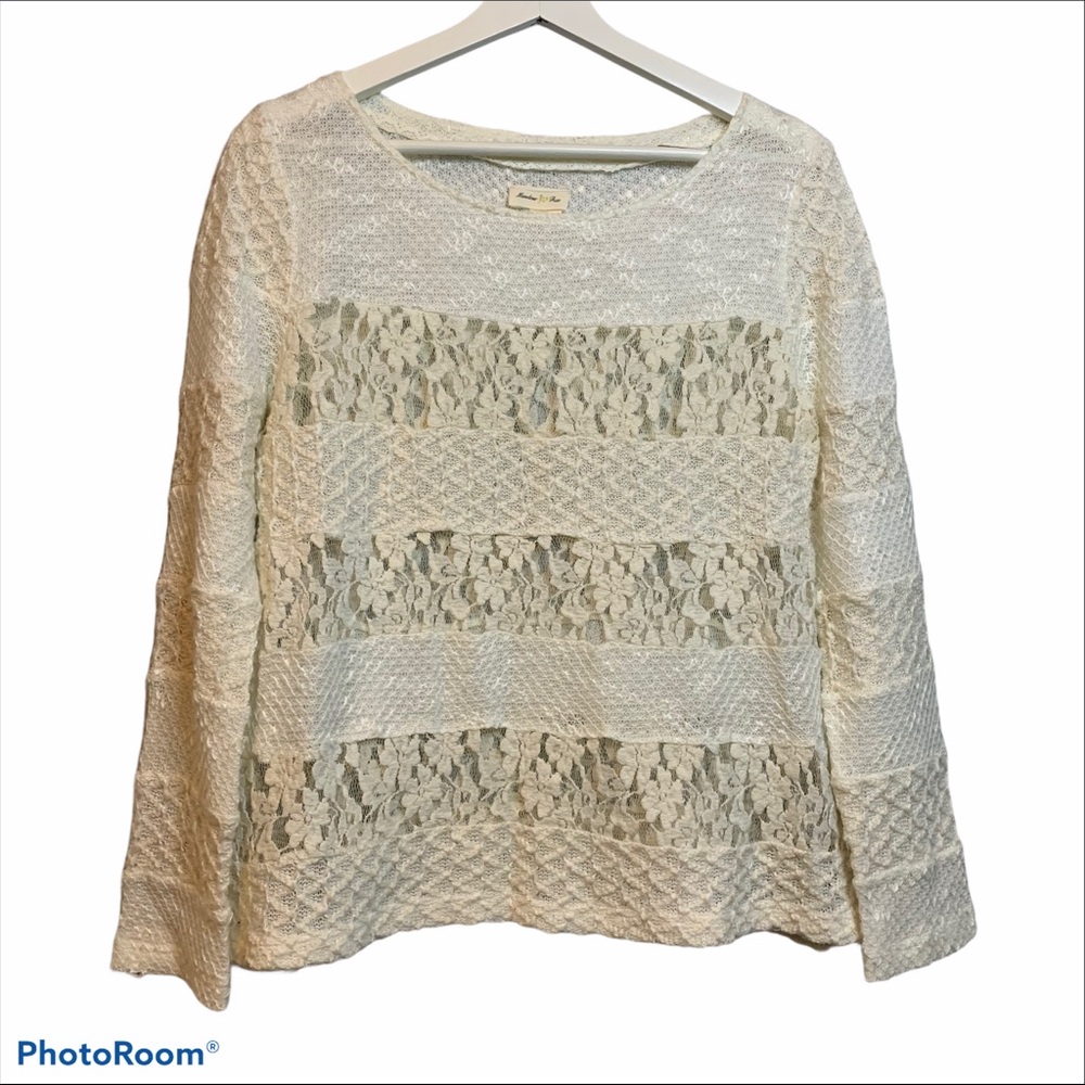 Meadow Rue anthropologie S lace crochet pullover open knit top sweater romantic